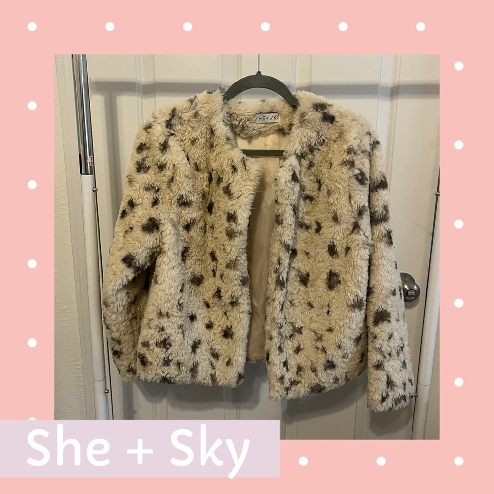 She + Sky Cream and Brown Faux Fur Jacket